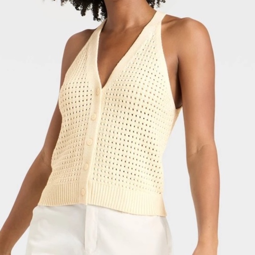 A New Day Womens Large Button Front Crochet Knit Vest Cream V-Neck Sleeveless